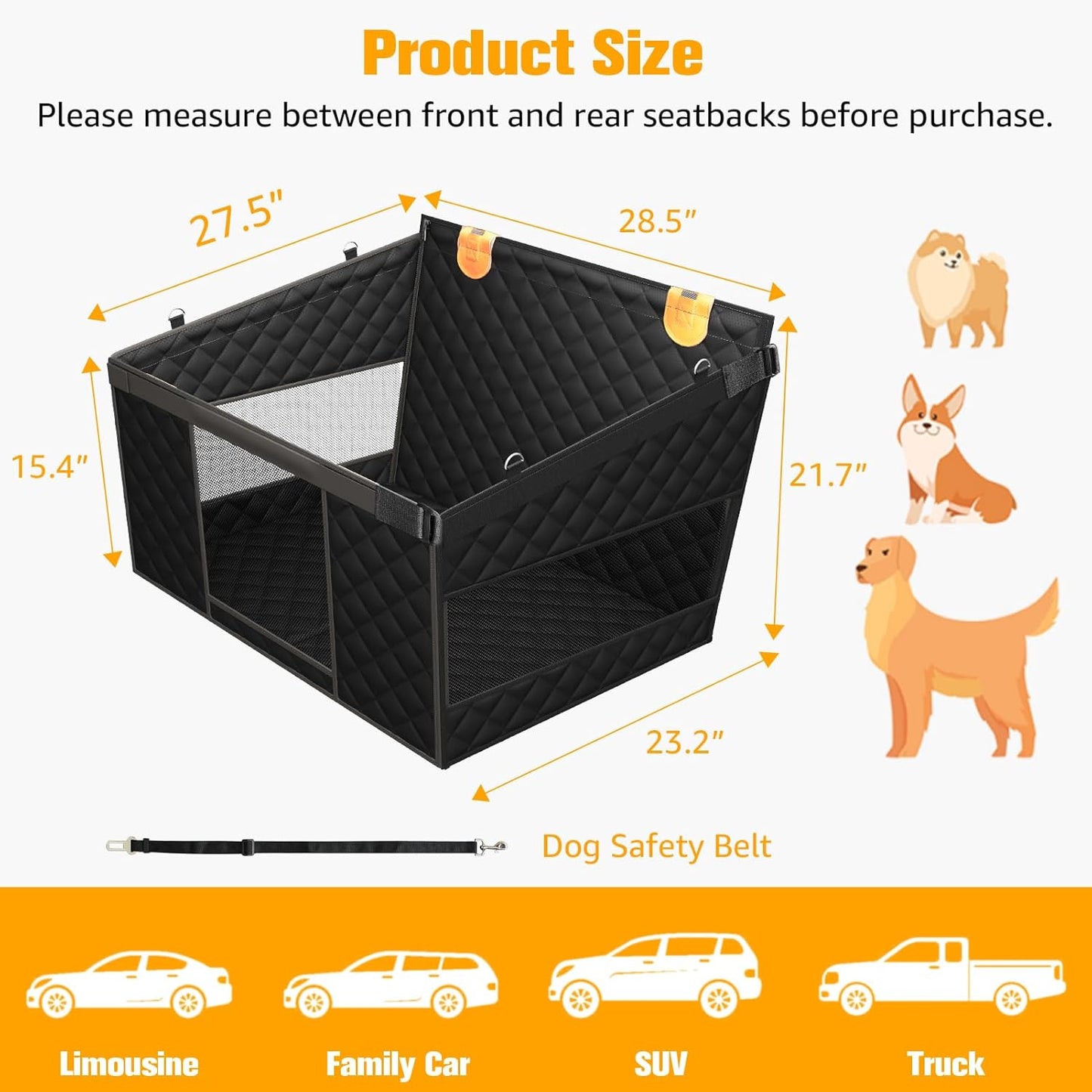 PETICON Large Dog Car Seat, Back Seat Extender for Dogs with 3 Mesh Windows, Waterproof Medium Carseat for Dogs with Hard Bottom, Pet Seat Cover for Cars, Trucks and SUVs (Black)