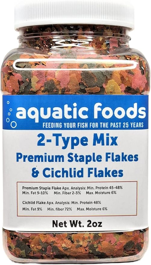 2-Type Tropicals's Staple & Cichlid Custom Flake Mix for Cichlids, Discus, for All Community Tropical Fish. Aquatic Foods Flakes …2oz Small Jar