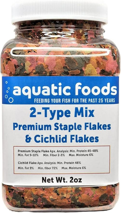 2-Type Tropicals's Staple & Cichlid Custom Flake Mix for Cichlids, Discus, for All Community Tropical Fish. Aquatic Foods Flakes …2oz Small Jar