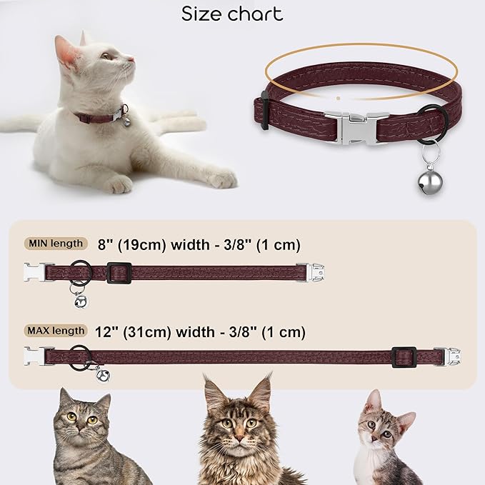 Leather Cat Collar with Buckle and Removable Bell - Non Breakaway Adjustable Soft Safety Small Pet Collars for Girl Boy Cats Kitten (Burgundy)