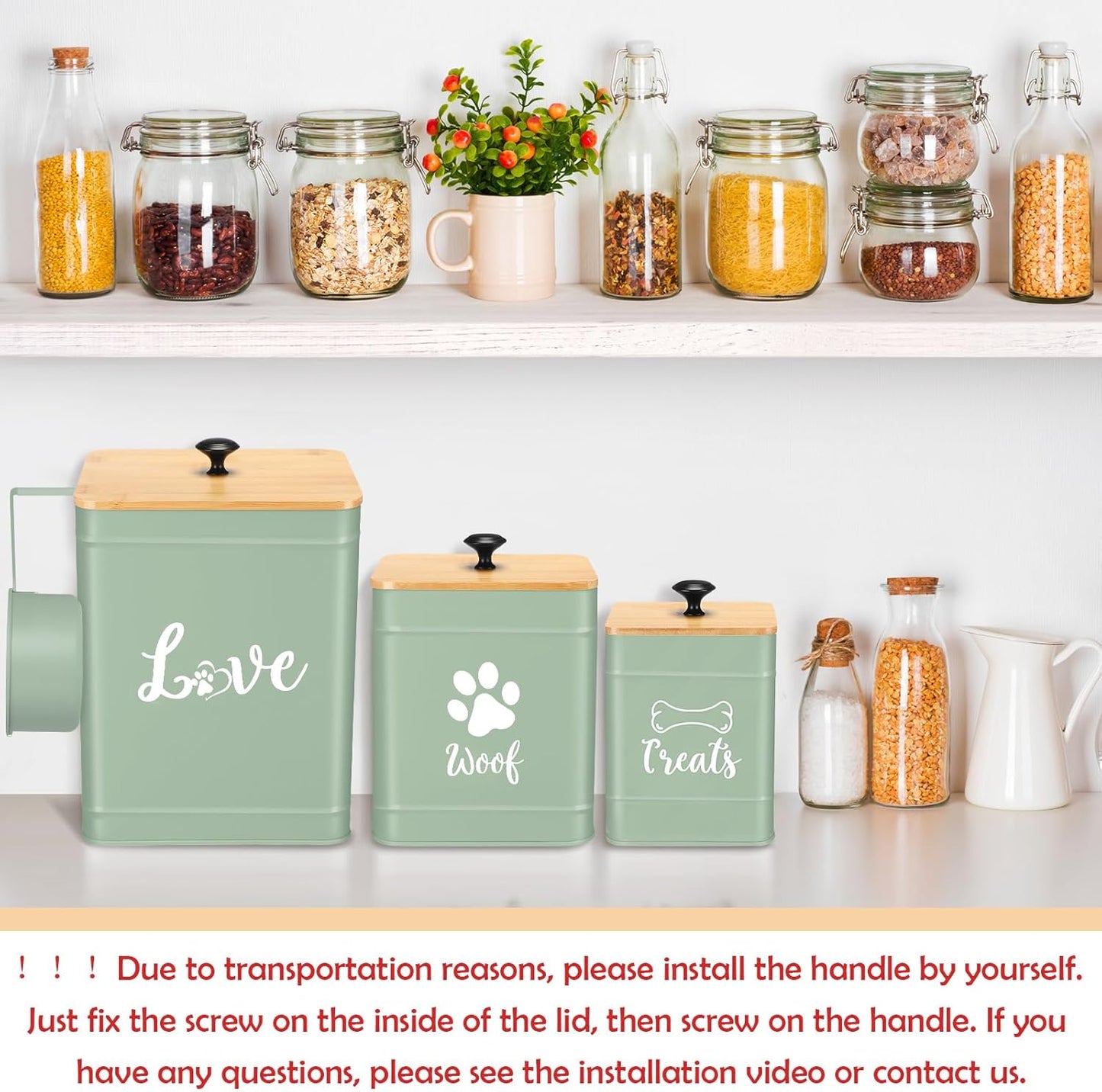 Metal Dog Treat Containers Set of 3 with Bamboo Lids and Spoon Airtight 7+3+2 lbs Dog Food Snack Jars with DIY Labels Big Pet Cookie Storage Jar for Kitchen Counter (Sage Green,Cute)