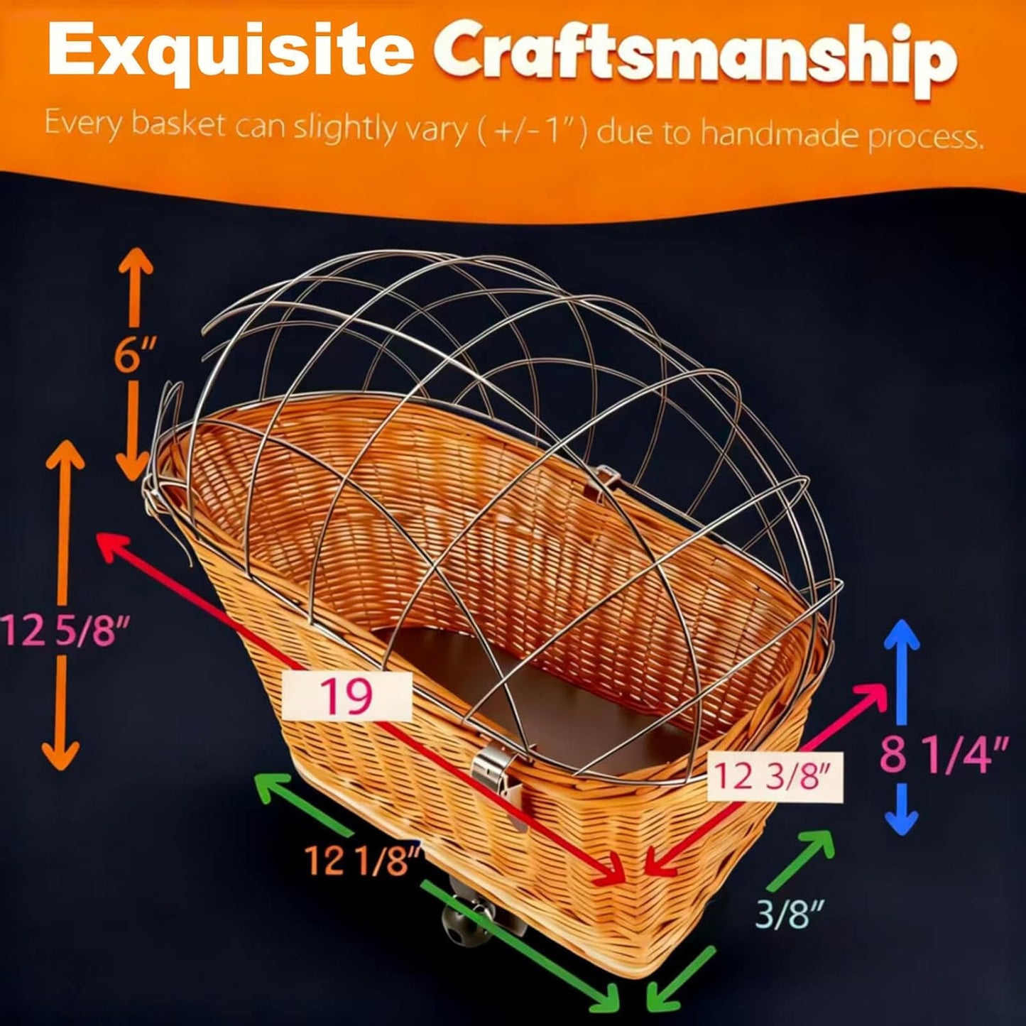 Dog Bike Basket Pet Carrier Bicycle Dog Carrier | Natural Wicker Attachment with Protective Grille,Easy to Install Comfort Cotton Cushion,Mounting Bracket for Secure Bicycle Rear Luggage Rack