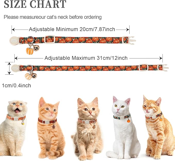 Unique style paws 2 Pack Autumn Halloween Kitten Collar Breakaway with Bell&Pendant, Adjustable Safety Oil Painting Pumpkin Party Cat Cotton Collar for Girl Boy Cat and Small Pet