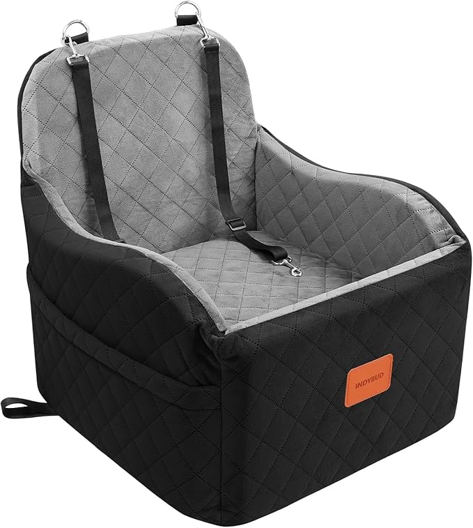 Dog Car Seat for Small & Medium Dogs, Detachable & Washable Booster Seat for Pets Up to 35lbs, Pet Travel Bed with Storage Pockets and Safety Belt (Black/Grey, Medium)