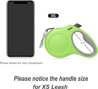 Fida Retractable Dog Leash with Dispenser and Poop Bags, 10 ft Pet Walking Leash for X-Small Dog or Cat up to 18 lbs, Anti-Slip Handle, Tangle Free, Reflective Nylon Tape (XS, Green)