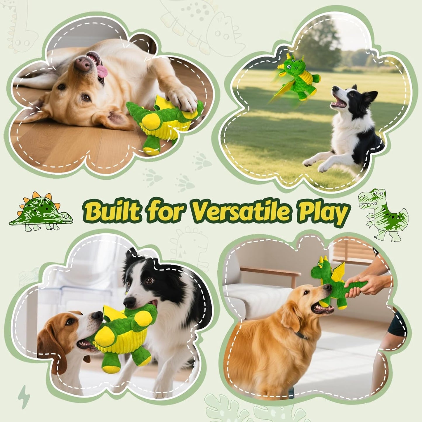 Squeaky Dog Toys - Soft Plush Dragon Dog Toy with 5 Squeakers & Crinkle Paper, Dog Toys for Small, Medium and Large Dogs to Keep Them Busy (Green,10")