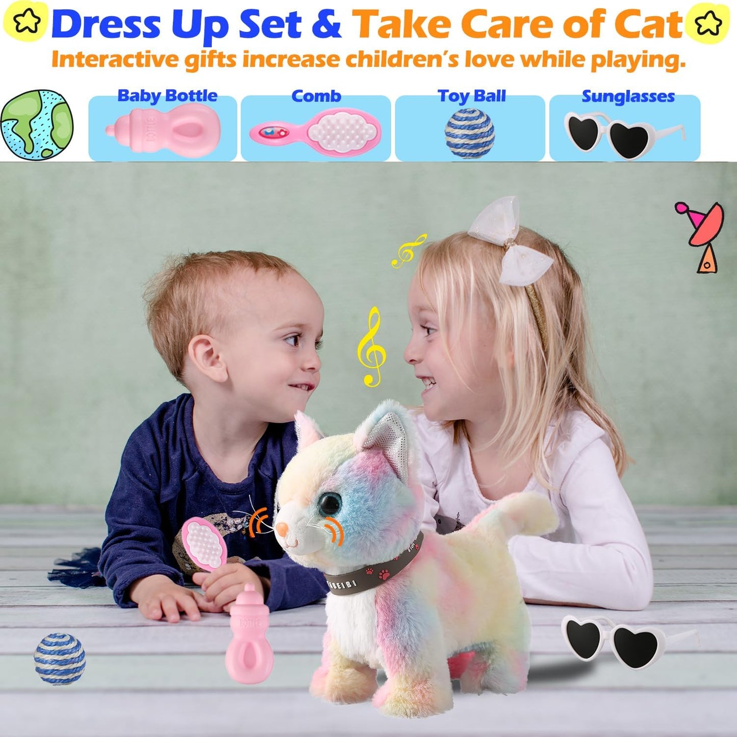 Colorful Walking Cat Set Singing That Purrs and Meows Animated Plush Robot Kitten with Leash Moving Plush Stuffed Animal Remote Control Cute Kawai Robotic Kitty Electronic Kitten Toy for Girl Kid