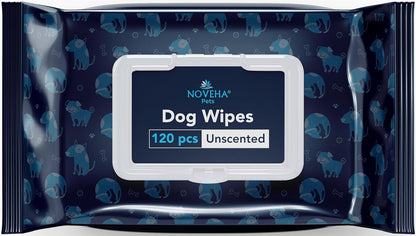 NOVEHA 120PCs Dog Wipes - Odor Eliminating and Cleaning Grooming Wipes for Dog's Paws, Body, and Butt - Perfect for Puppy and Adult Dogs - Plant-Based, Safe, Convenient & Large Unscented Wipes