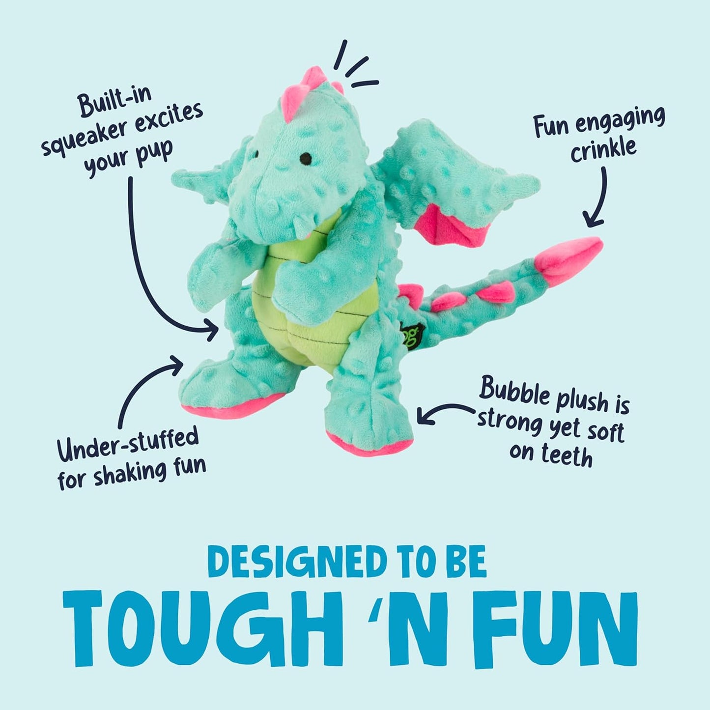 goDog Dragons Squeaky Plush Dog Toy with Chew Guard Technology, Durable Fabric & Squeaker for Active Play, Seafoam, Large