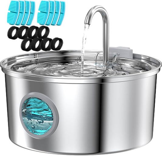 Stainless Steel Cat Fountain - 108oz/3.2L Pet Fountain for Cats Indoor - Quiet - Contains 8 Filters + 8 Sponges