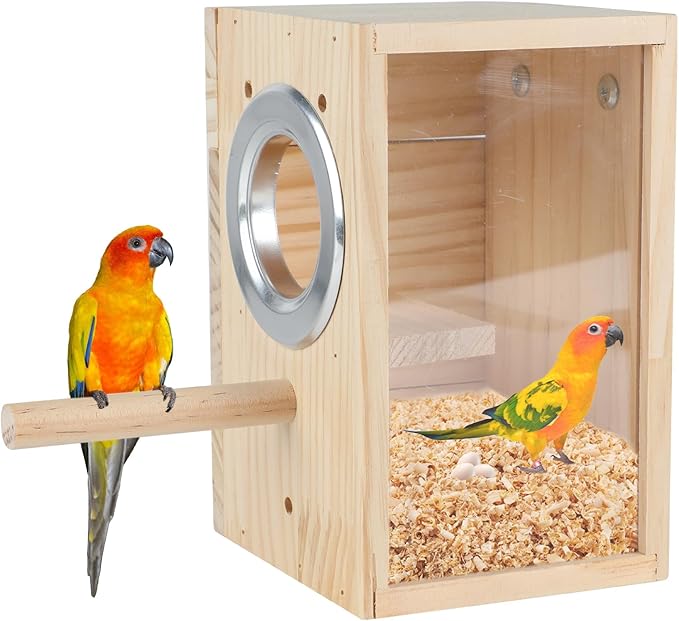 Parakeet Nesting Box Transparent Design, Natural Wood Bird Nest Breeding Box with Perch, Acrylic Bird House for Cage Bird Nesting Box for Small Cockatiel Lovebirds Finch Parrot Canary M
