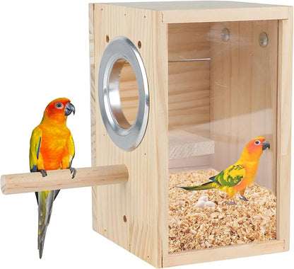 Parakeet Nesting Box Transparent Design, Natural Wood Bird Nest Breeding Box with Perch, Acrylic Bird House for Cage Bird Nesting Box for Small Cockatiel Lovebirds Finch Parrot Canary M