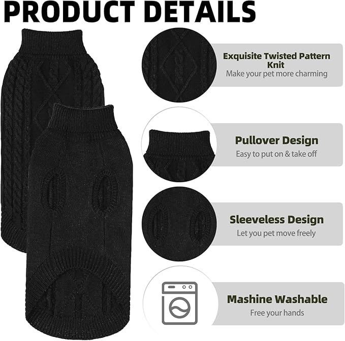 PUPTECK Winter Cat Sweater Coat - Soft Warm Cold Weather Clothes Knitwear for Kittens & Small Dogs Indoor Outdoor Wearing, Knitted Classic for Doggies Kitties Girls Boys, Black, M