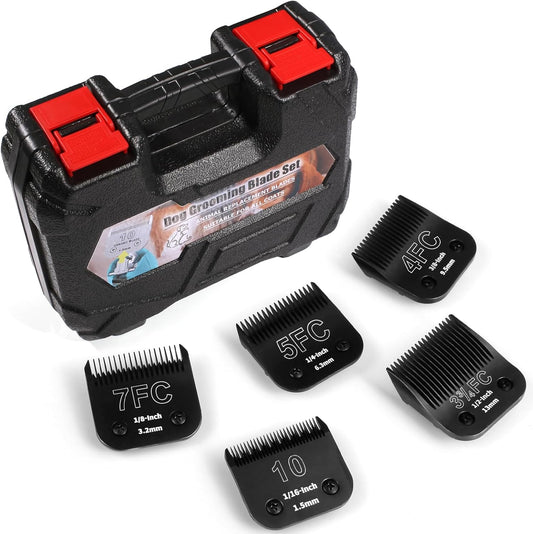 5 Pack Detachable Dog Grooming Steel Blades with Blade case Holder,Compatible with Andis,Oster A5,Wahl KM-10 Series,Cutting Length 1/16" to 1/2"(10+7FC+5FC+4FC+3-3/4FC-black)