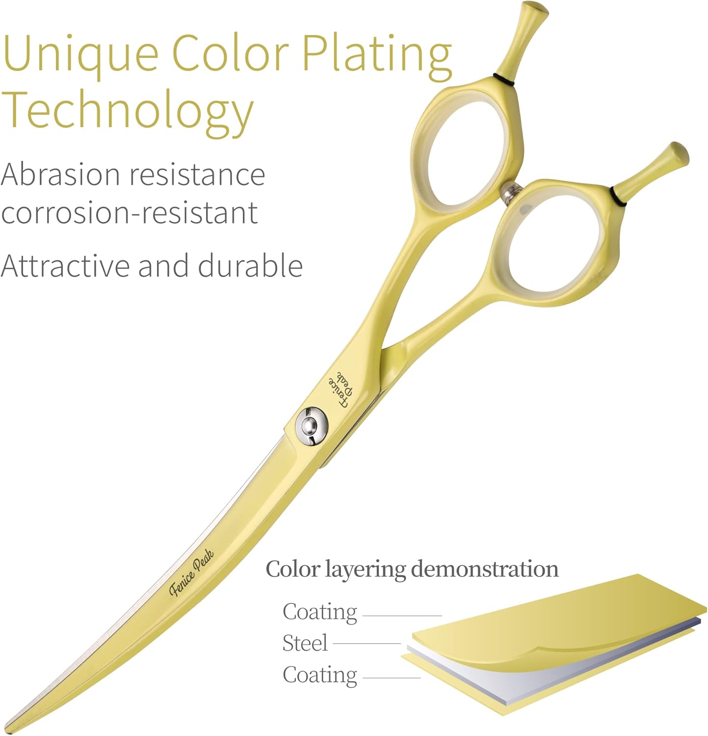 Fenice Peak Curved Dog Grooming Scissors with Yellow Color Coating 440C Stainless Steel Pet Grooming Bending Shears Sharp and Durable Comfortable Engonomic Handle