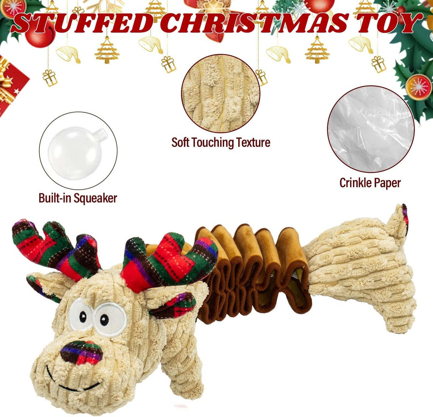 Dog Toys Deer Squeaky Interactive Puppy Teething Chew Toy with Crinkle Sound Paper Tail Stuffed PP Cotton,Keep Them Busy, Christmas Pet Gift Large Medium Small Breeds Indoor Play