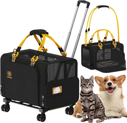 PAWZIDEA Expandable Large Pet Carrier with Wheels, 24x16x16 in Rolling Cat Carrier for 2–4 Cats up 55lb, Soft-Sided Collapsible Small Medium Dog Crate for Car Travel, Telescopic Handle, Storage Pocket