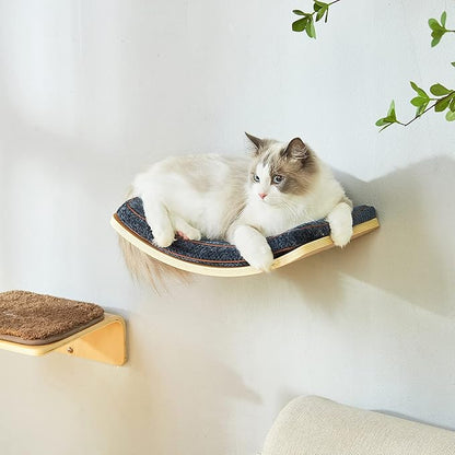Cat Shelf with Comfortable Cushion - Curved Cat Shelves and Perches for Wall (Medium Size) - Wall Mounted Cats Furniture for Sleeping, Playing, Climbing, and Lounging