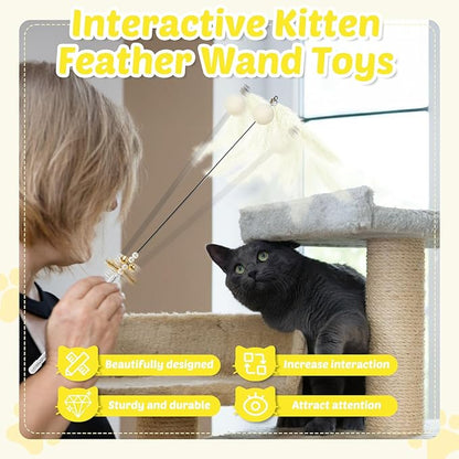 Interactive Cat Toys - 4-in-1 Cat Teaser Wand Toy and Feather Toys Refills for Indoor Cats to Chase and Exercise Design for Large and Small Cats