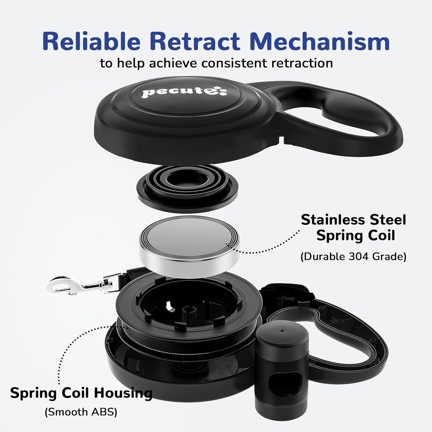 Pecute 32ft Retractable Dog Leash with Reflective Strips, One-Button Control & Sturdiness Nylon Material, Long Leash Retractable with Poop Bag Holder for Medium Large Dog