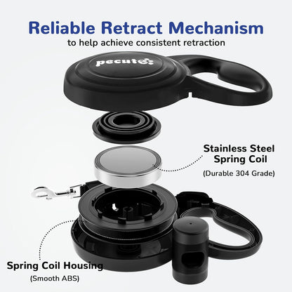 Pecute 32ft Retractable Dog Leash with Reflective Strips, One-Button Control & Sturdiness Nylon Material, Long Leash Retractable with Poop Bag Holder for Medium Large Dog