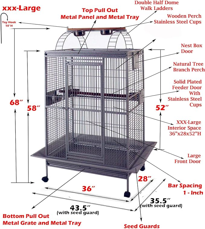XXX-Large 36"x28"x68"H Double Ladders Open Play Top Wrought Iron Bird Parrot Parttot Finch Macaw Cockatoo Cage, Include Seed Guard and Toy Hook
