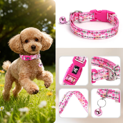 Pink Small Dog Collar with Bell - Reflective Soft Kitten-Safe Collar for Tiny Dogs, Adjustable Flower Pattern Nylon Collar for Teacup Chihuahua Pomeranian Kittens (Small Flower)