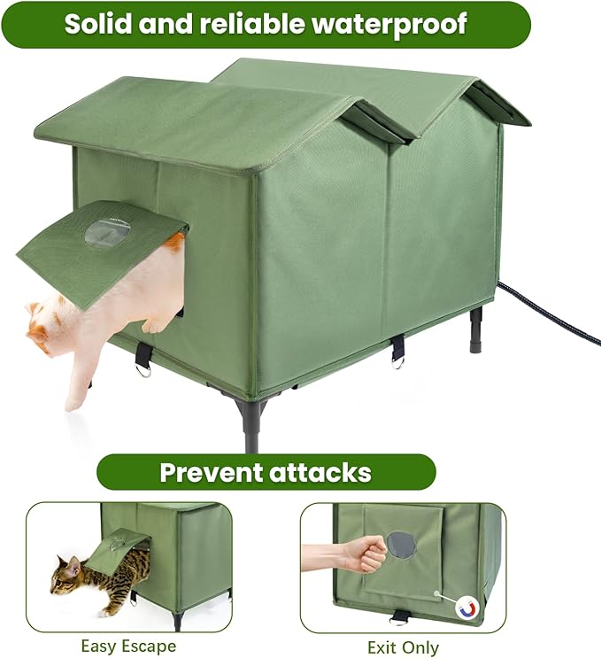 Heated Cat House for Outside Outdoor Cat House with Elevated Base Cat-Attracting Eave Design Feral Stray Shelter Weatherproof in Winter Garage Yard Porch Size L
