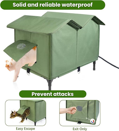 Heated Cat House for Outside Outdoor Cat House with Elevated Base Cat-Attracting Eave Design Feral Stray Shelter Weatherproof in Winter Garage Yard Porch Size L