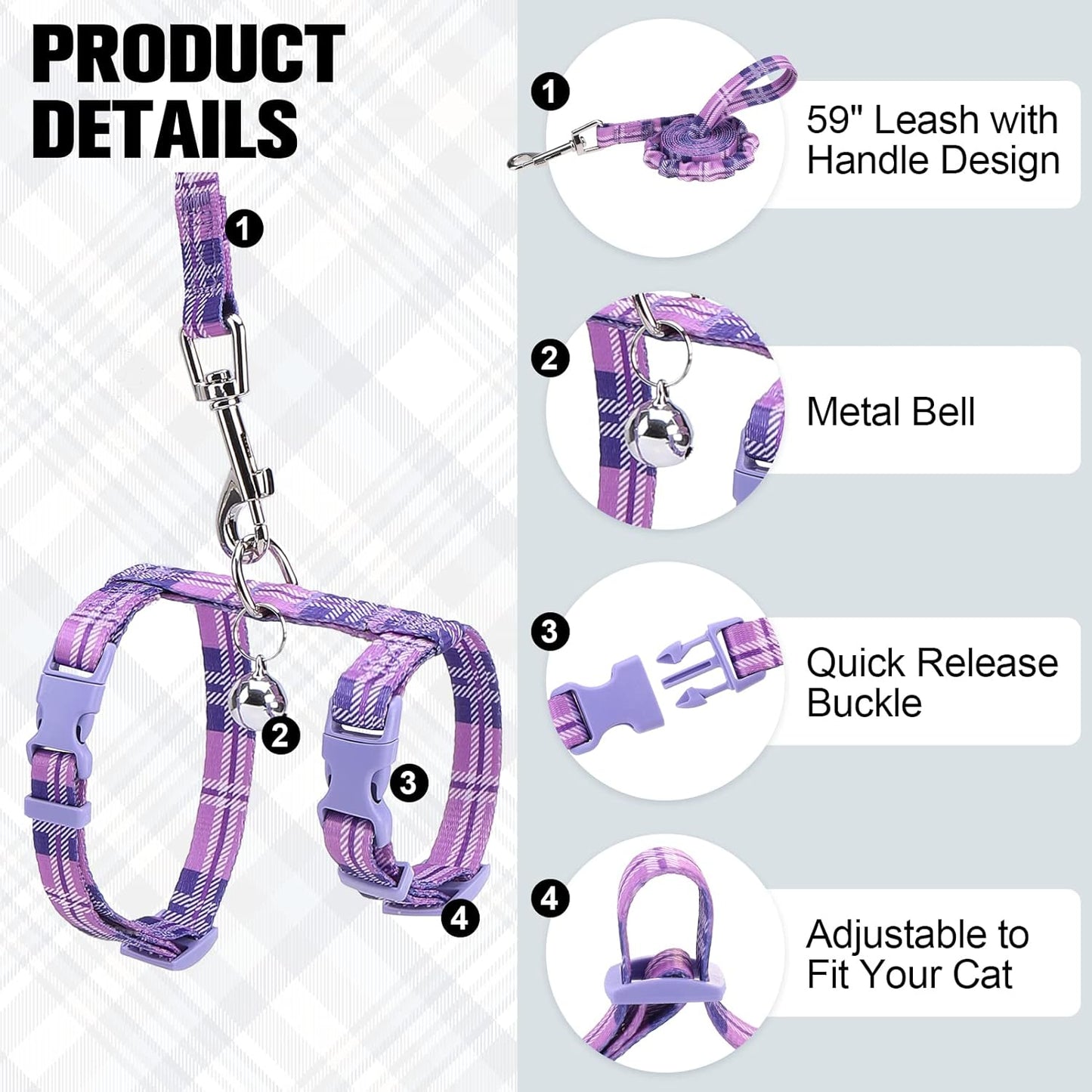 BEAUTYZOO Cat Harness and Leash Set Escape Proof for Walking, Kitten Soft Adjustable Vest Harnesses for Small Medium Large Cats, Easy Control Breathable Plaid Ribbon Nylon for Outdoor Indoor Use