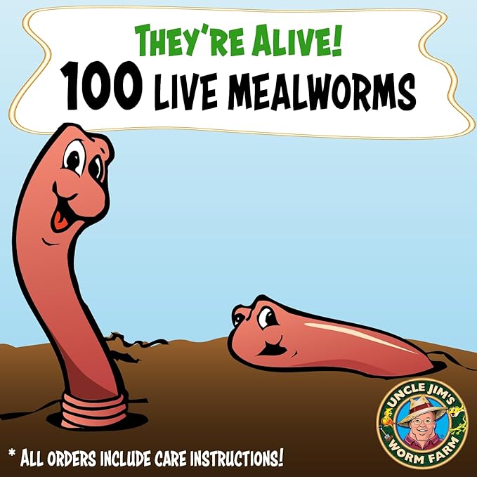 Uncle Jim's Worm Farm 100 Count Mealworms for Reptiles and Chickens | Mealworms for Feeding Lizard, Gecko, Bearded Dragons, Chickens, Birds, and More | Suitable for Fishing Bait