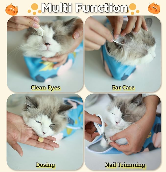 27.6" Cat Wrap for Grooming-Premium Cat Grooming Wrap Cat Restraint for Nail Clipping, Self-Adherent Soft Cat Blanket to Wrap Cat Anti-Scratch Anti-Escape Grooming Bag (Blue, XL(Within 17lbs))