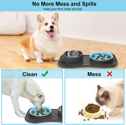 Slow Feeder Dog Bowls 3 in 1 Stainless Steel Food and Water Bowls with Non-Spill and Skid Silicone Mat to Slow Down Eating for Large Medium Small Breed Size Dogs and Cats