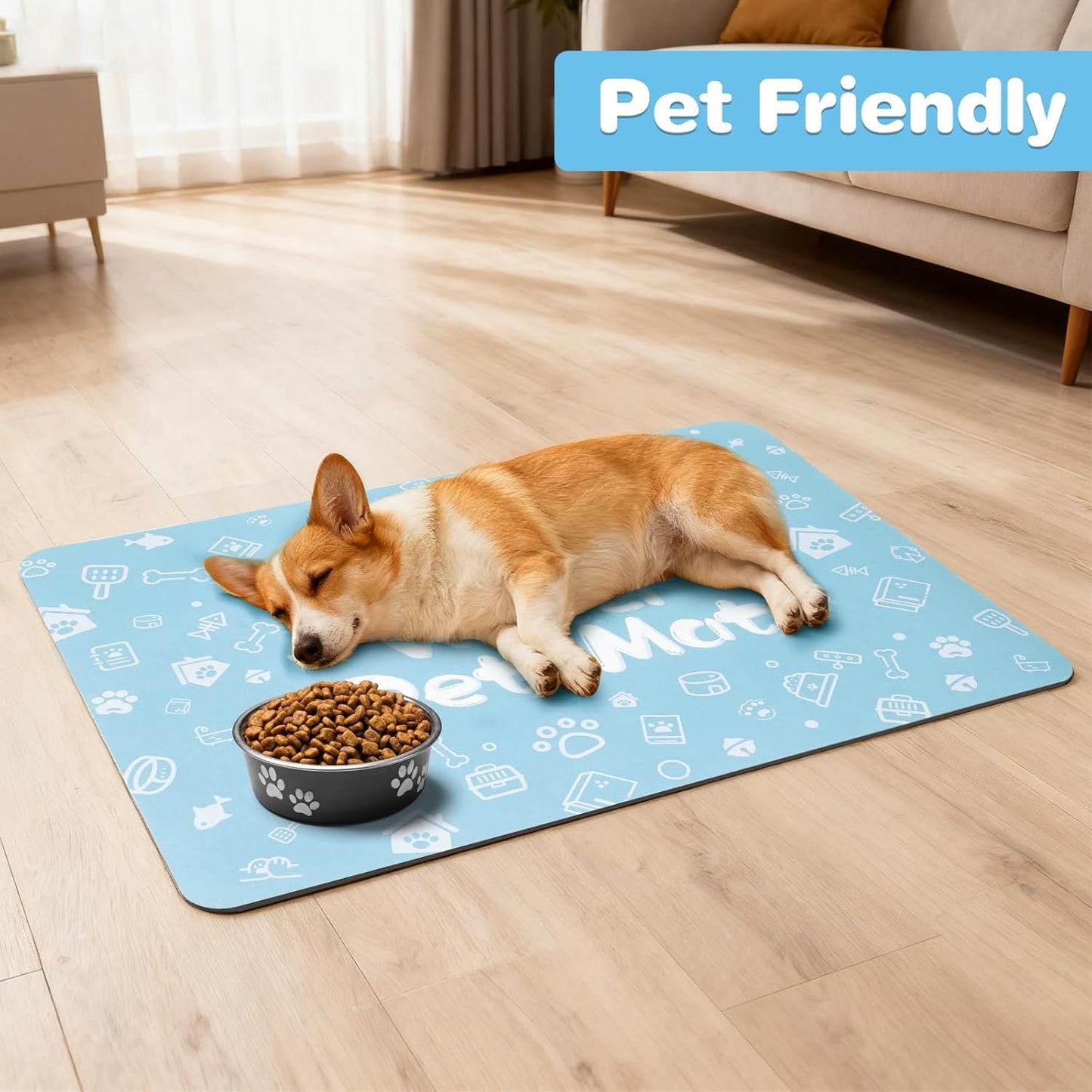 Pet Feeding Mat,Dog Cat Mat for Food and Water,Dog Bowl Waterproof Placemat with Rubber Backing,Absorbent Quick Dry Water Dispenser Mat for Pet（Blue 16"×24"）