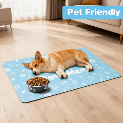 Pet Feeding Mat,Dog Cat Mat for Food and Water,Dog Bowl Waterproof Placemat with Rubber Backing,Absorbent Quick Dry Water Dispenser Mat for Pet（Blue 12"×18"）