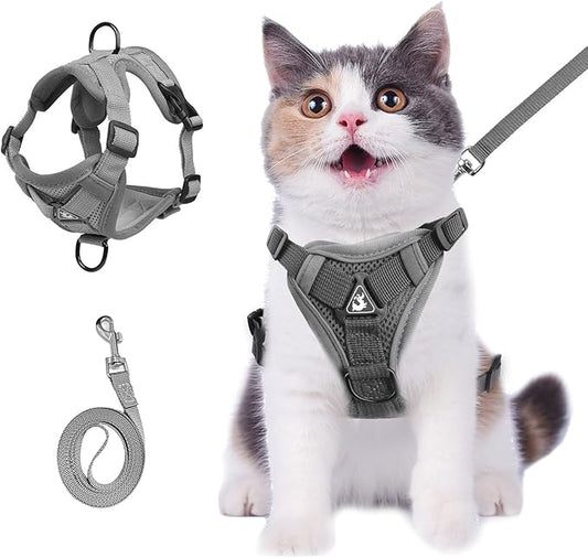 Wanheart cat Chest Harness and Leash, Anti-Escape Adjustable Soft mesh cat Leash and Chest Harness Set for All Types of Cats cat Vests (Grey, 6.6-9.9lb)