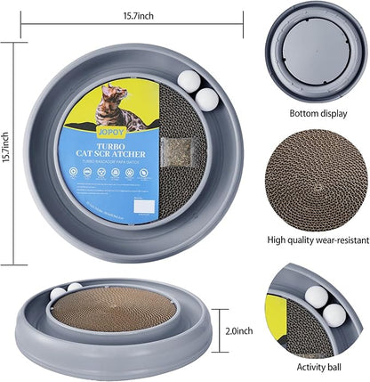 Interactive Cat Scratcher with Two Rotating Balls,Durable Scratch Pad for Indoor Play,Cardboard Cat Scratcher Pad with Cat Toy Ball Track and Catnip,2-in-1 Cat Toy (Grey)