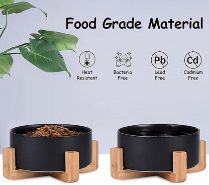 Petygooing Ceramic Black Cat Dog Bowl Set with Stand,Small Dog Bowls, Pet Food and Water Dish, Anti Slip Set of 2 Cat Bowl-Pet Food Dishes- Pet Bowls Small Size Pet (13.5OZ/5.1 in)