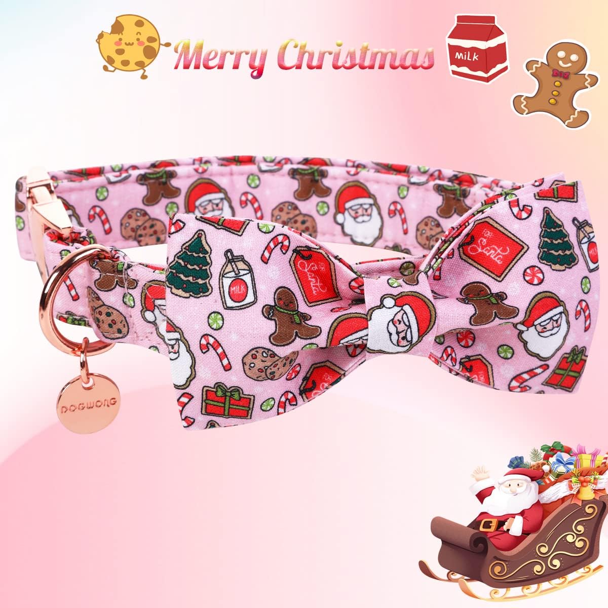 DOGWONG Christmas Dog Collar with Sailor Bow, Pink Santa Claus Dog Collar Soft Durable Adjustable Cotton Cute Girl Puppy Collar for Small Medium Large Dog