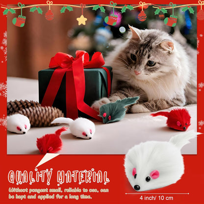 Hungdao 60 Pcs Furry Mice Interactive Catch Play Rabbit Fur Mouse Cat Toy Rattle Sound Rat Plush for PET Cats and Kittens, 3 Colors (White, Green, Red)