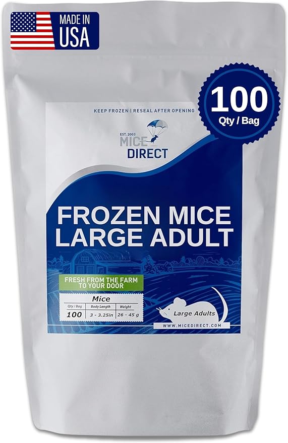 MiceDirect Frozen Large Adult Feeder Mice Food for Adult Ball Pythons Juvenile Red Tale Boa Monitors Lizards, 40 Ounce (100 Count)