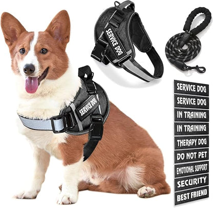 Service Dog Vest, 9 Dog Patches No Pull Dog Harness and Leash Set with Handle,Easy On and Off Pet Vest Harness with Night Safe Reflective Straps for Small Medium Large Breed Dogs