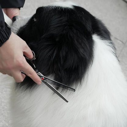 Dog Grooming Scissors Kit, Fcysy Professional Pet Hair Cutting Shears Set with Curved & Straight Blades Scissors Thinning Shears– Stainless Steel Grooming Tools for Dogs & Cats at Home