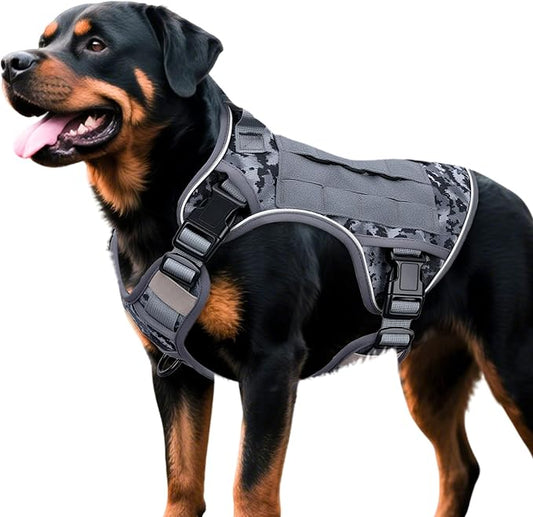 Heavy-Duty Tactical Dog Harness for Large Dogs, No Pull Adjustable Reflective Pet Vest with Molle System, K9 Military-Grade Control for Service Training, Outdoor & 10+ Breeds, Gray Camo, XX-Large