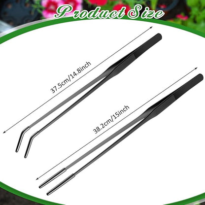Lasnten 2 Pcs Extra Long Stainless Steel Reptile Feeding Tongs with Rubber Tip Bearded Dragon Aquarium Straight and Curved Long Tweezer Terrarium Feeder Tool for Tank(Black, 15 Inch)