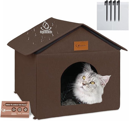 Outdoor Cat House for Shelter Feral Cat, Outside Waterproof Cat House for Outdoor/Indoor Cats, Insulated Cat Bed for All Seasons with Cozy Cushion (Brown, Large Zip Style)
