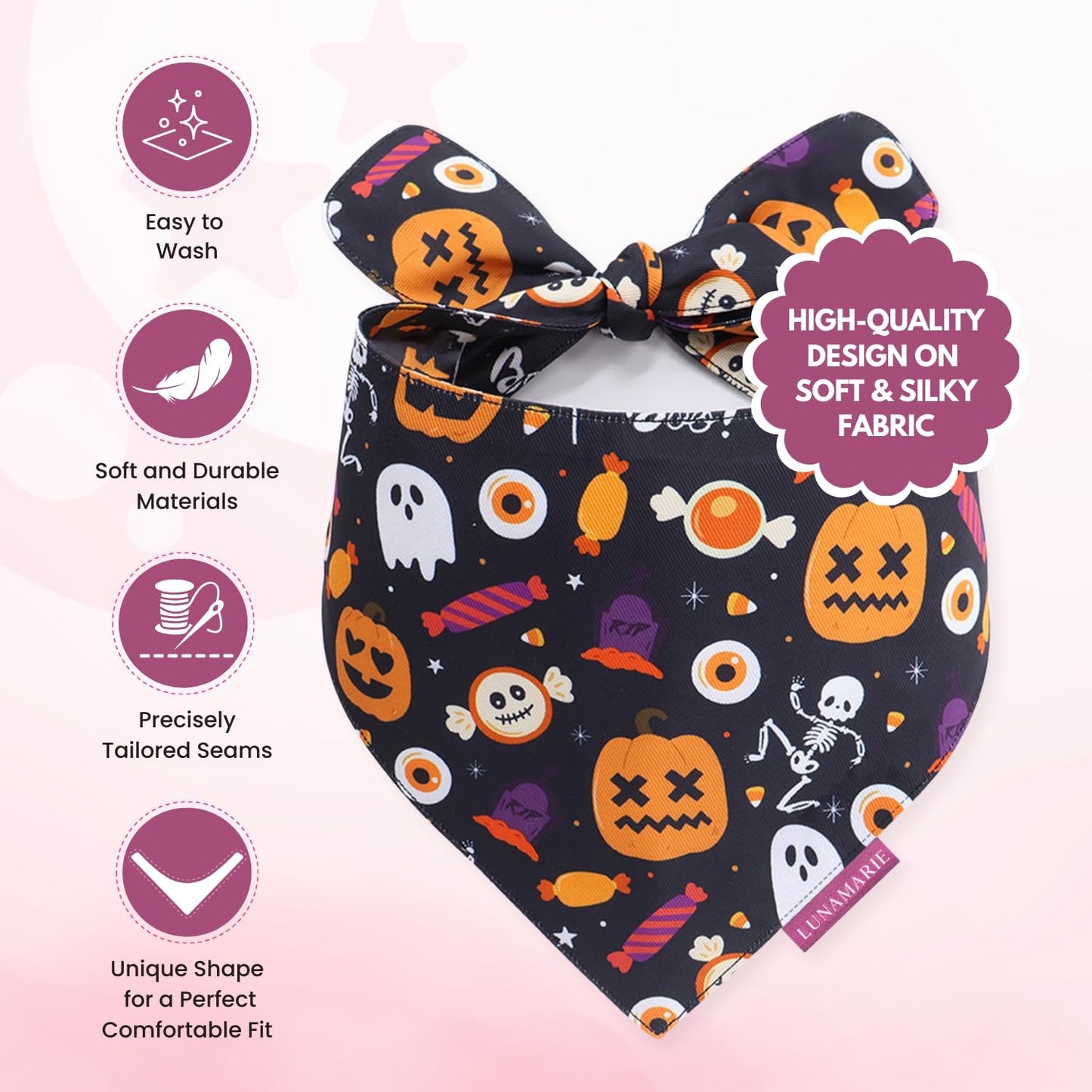 LunaMarie - Luxury Cat and Dog Bandanas - Halloween Designs | Premium Silky Poly Fabric | 100% Handmade Custom Shape Dual Layered Small, Medium, Large Cat Scarf (Trick-Or-Treat, Large)