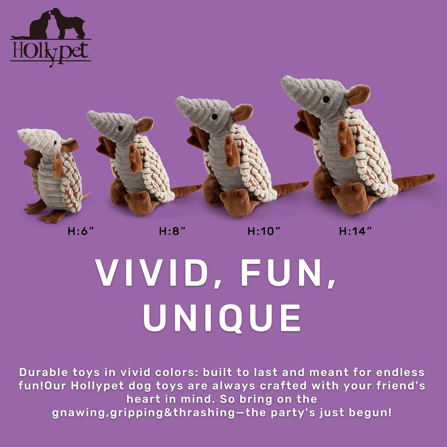 Hollypet Plush Dog Squeaky Toy Stuffed Armadillo Animal Pet Puppy Chew Toys with Clean Teeth for Small Medium Large All Breed Sizes Dogs, Milky White, 8 in