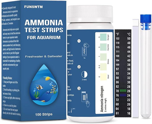 Ammonia Test Strips for Fish Tank: 100 Count Aquarium Ammonia Test Strips for Saltwater & Freshwater Aquariums & Ponds – Ammonia Test Kit with Test Tube Thermometer Stick