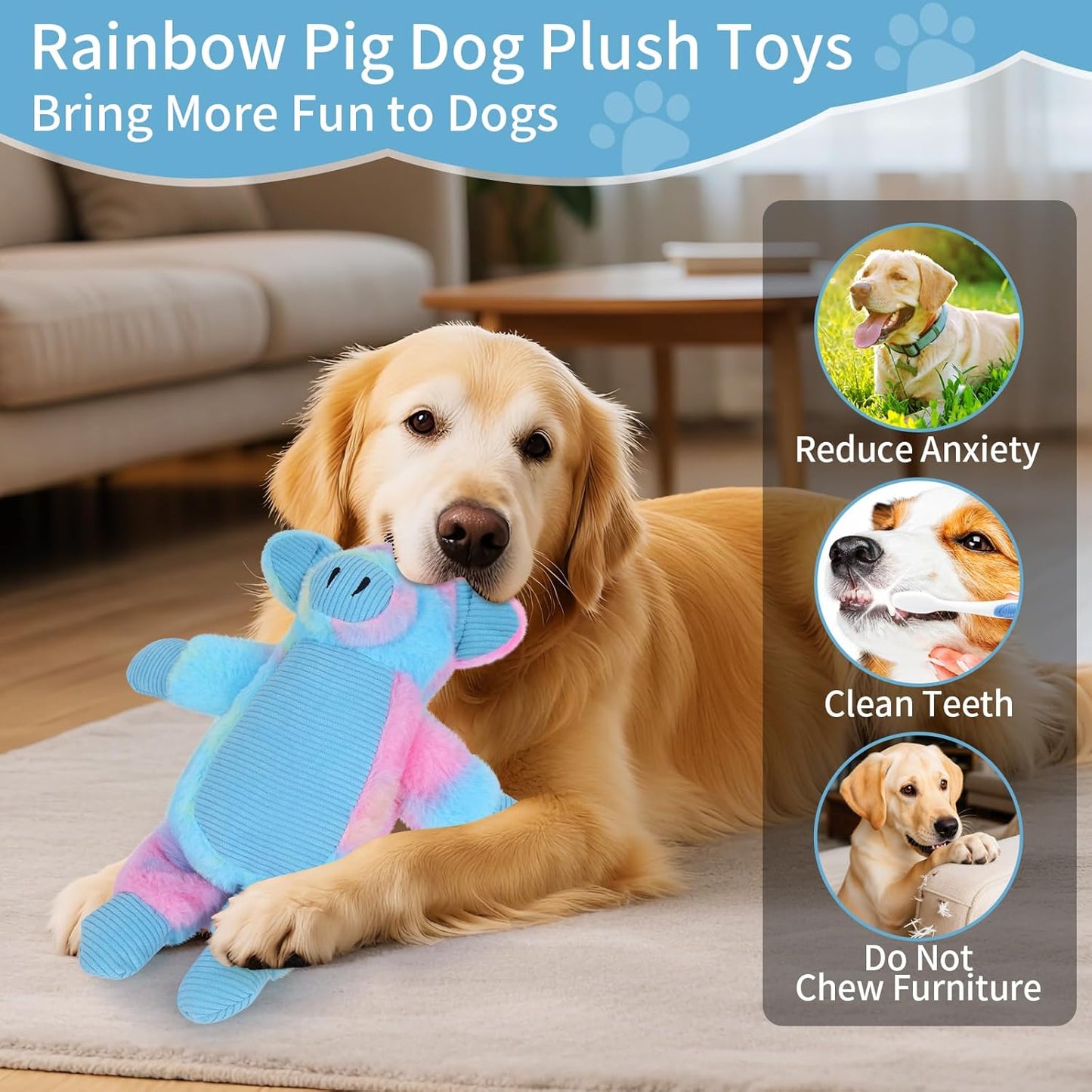 Dog Toys Plush, Squeaky Stuffed Dog Toy, Rainbow Pig Dog Toys for Small Medium Breeds, Soft Dog Plush Toy, Puppy Teething Dog Toy, Interactive Dogs Toy for Indoor Dogs(Blue)